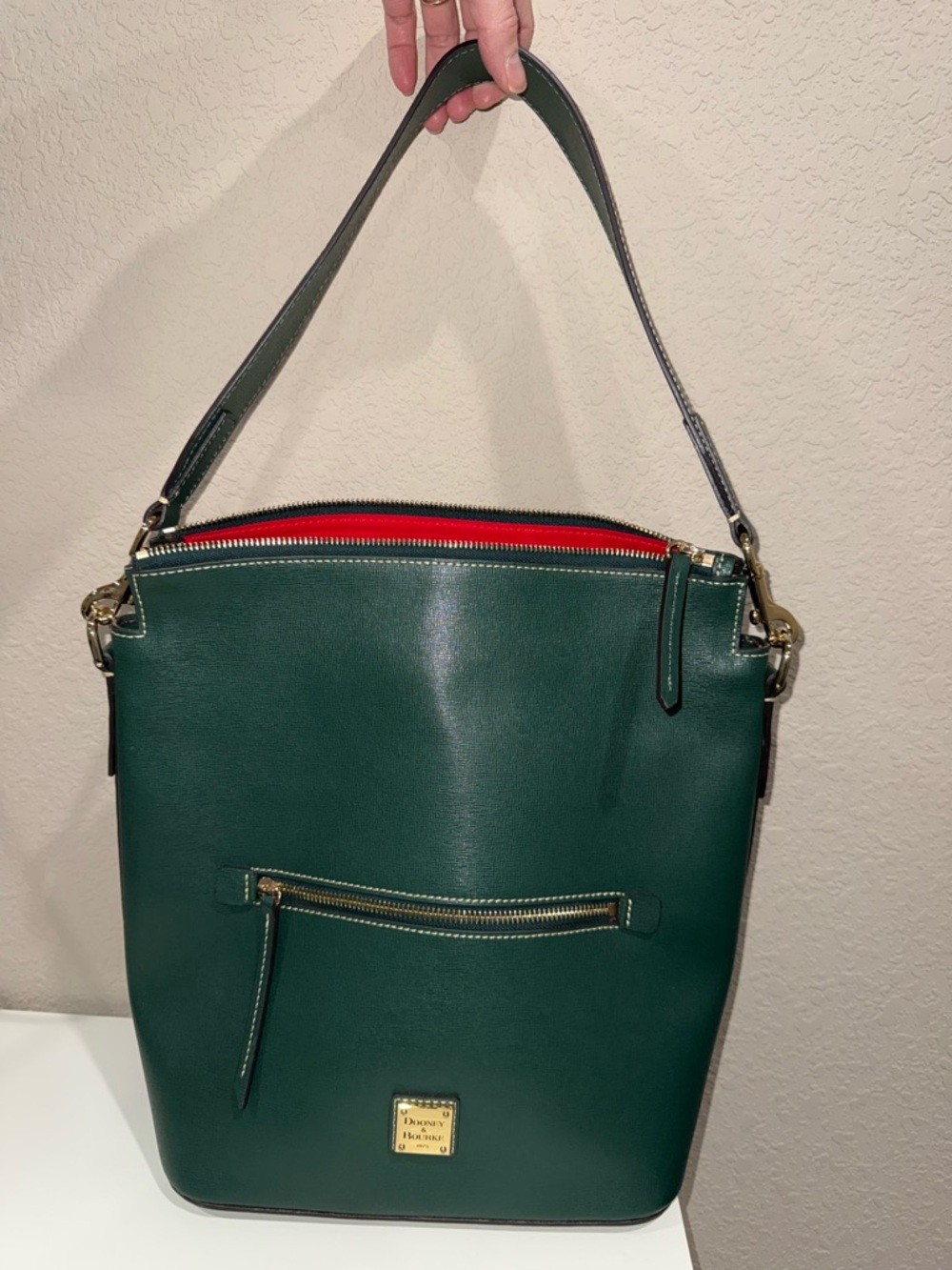 Dooney & Bourke Dark Green Leather Shoulder Bag with Red Trim